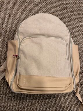 Beis Canvas and Faux Leather Travel Backpack in Beige with Gold Trim Like New!